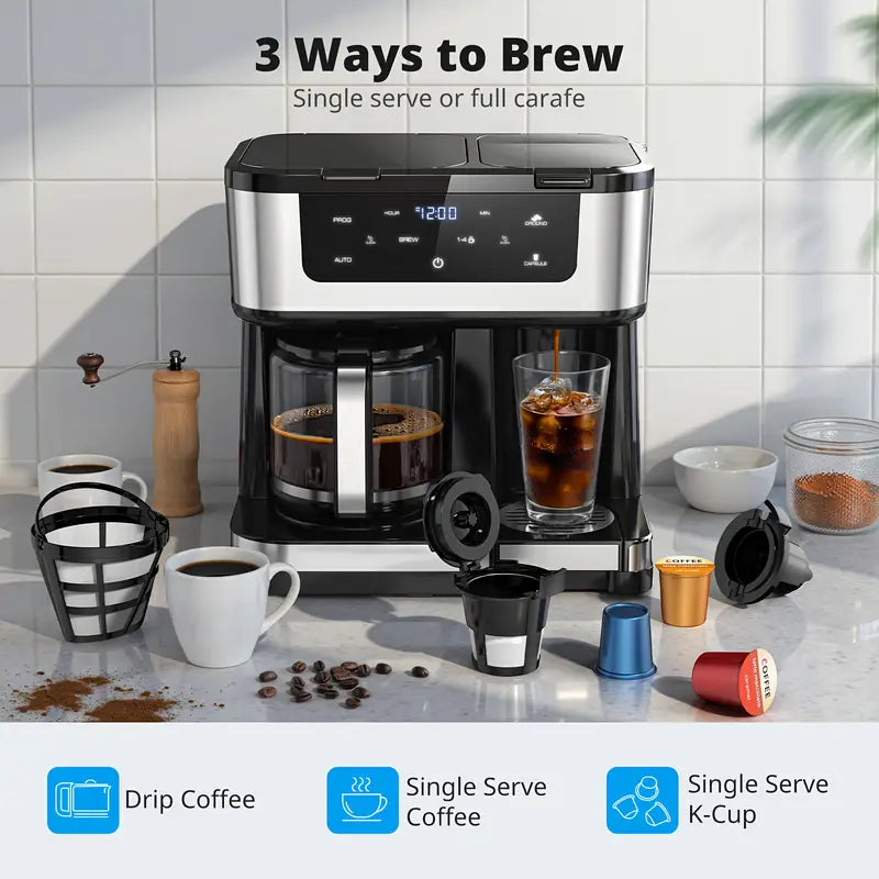 Programmable 12-Cup Drip Coffee Maker with K-Cup Compatibility | Auto Shut-Off, Spill-Free Spout, One-Touch Brewing, Modern Black Design - Durable Plastic Construction for Home, Office, Commercial Use - Stylish, Efficient, Smart Appliance