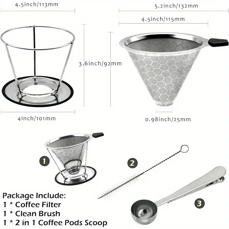 Reusable Coffee Filter Profional Manual Stainl Steel Coffee Dripper Cone Coffee Strainer Paperl Coffee Maker for 24 people with Removable Cup Stand Cleaning Brush Coffee Scoop