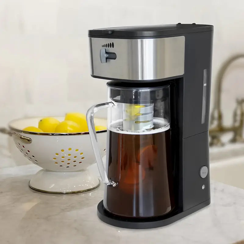 Iced Coffee Tea Maker with Reusable Filter Basket, 3 QT Pitcher, Iced Tea And Coffee Machine, Tea Makers for Iced Tea, Lattes, Lemonade And Flavored Water, Adjustable Brew Strength, Black And Silvery