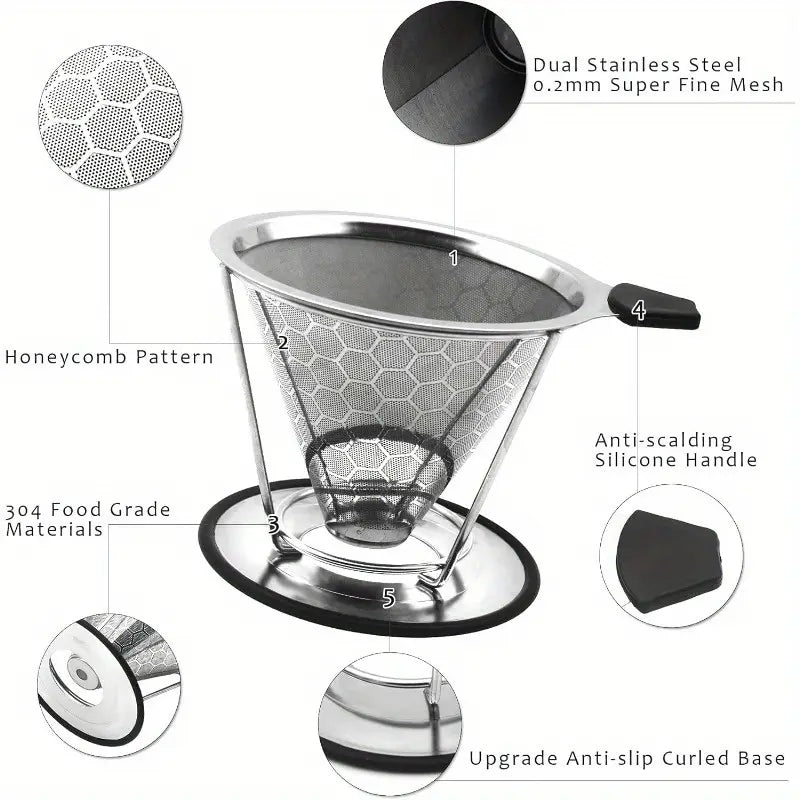 Reusable Coffee Filter Profional Manual Stainl Steel Coffee Dripper Cone Coffee Strainer Paperl Coffee Maker for 24 people with Removable Cup Stand Cleaning Brush Coffee Scoop