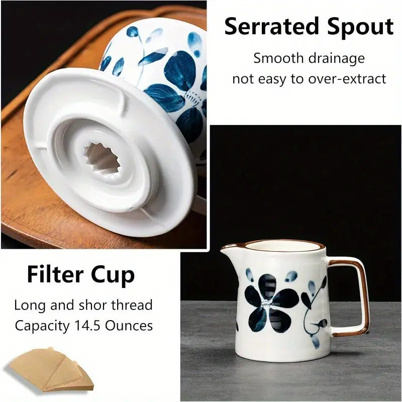 Pour Over Coffee Maker Set 60 Angle ceramic Pour Over Coffee Maker Dripper Filter Decanter for 14 People Ceramic Coffee Dripper Set with 100 Count Paper Coffee Filters Coffee Filter +Kettle