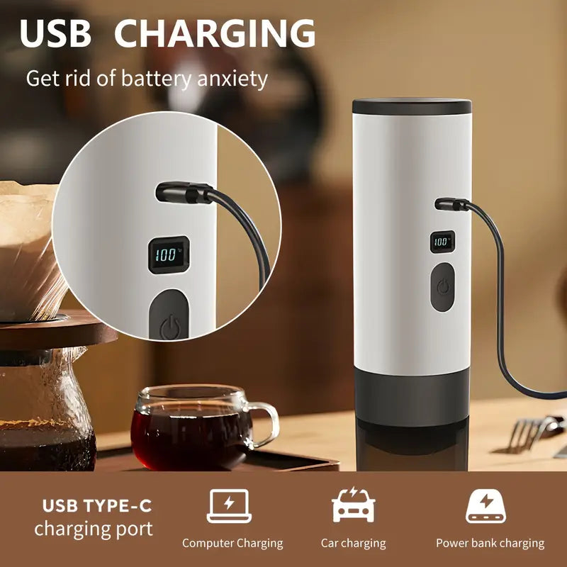 1pc Portable Capsule Coffee Machine, Compatible with Ground Coffee & Capsules, 3-In-1Espresso Maker with Digital Display Screen, 7800mAh Battery, 3.04oz Water Tank Capacity, 4.06oz Coffee Cup Capacity, Suitable for Travel/Home/Camping