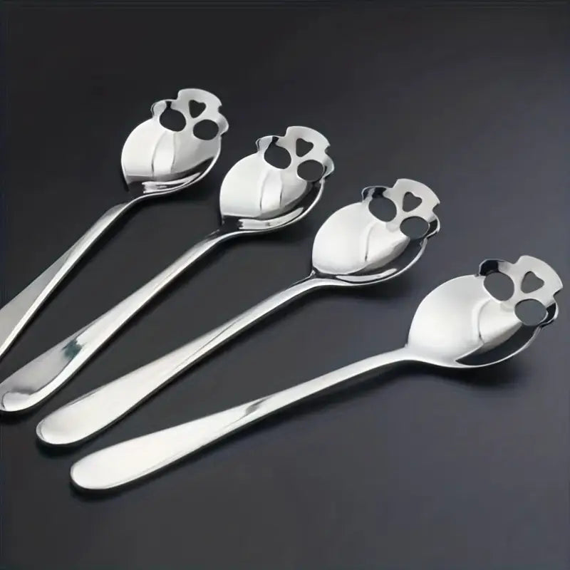 5pcs stainless steel Halloween spoon multi-functional kitchen utensil, with skull head design and holes, perfect for stirring, desserts, coffee and home