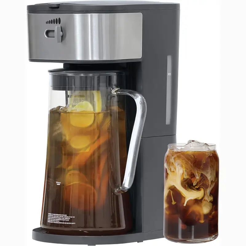 Iced Coffee Tea Maker with Reusable Filter Basket, 3 QT Pitcher, Iced Tea And Coffee Machine, Tea Makers for Iced Tea, Lattes, Lemonade And Flavored Water, Adjustable Brew Strength, Black And Silvery