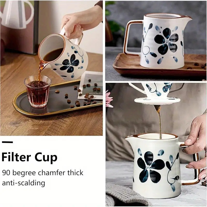 Pour Over Coffee Maker Set 60 Angle ceramic Pour Over Coffee Maker Dripper Filter Decanter for 14 People Ceramic Coffee Dripper Set with 100 Count Paper Coffee Filters Coffee Filter +Kettle