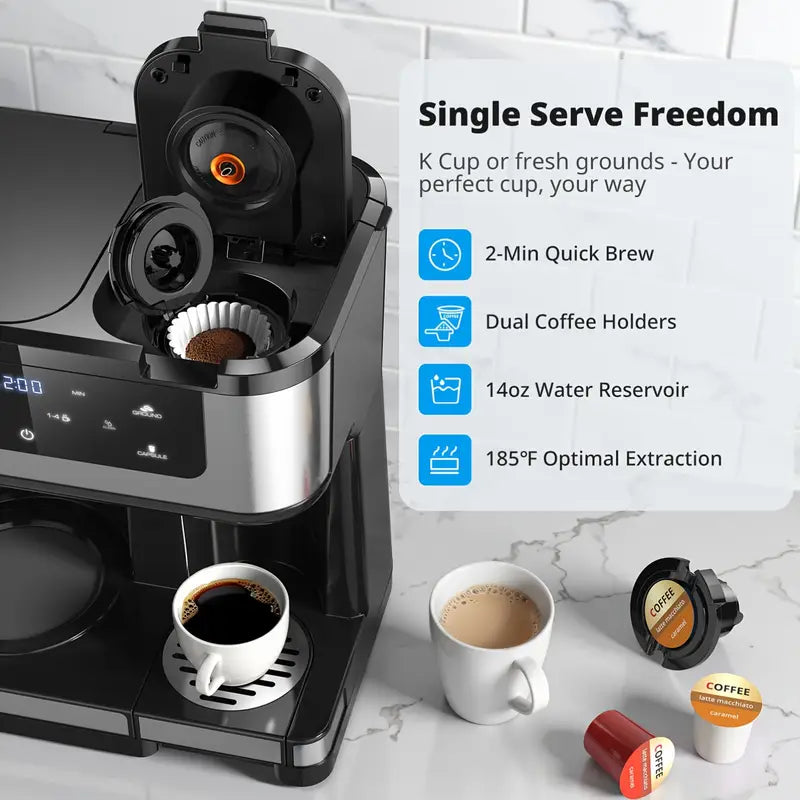 Programmable 12-Cup Drip Coffee Maker with K-Cup Compatibility | Auto Shut-Off, Spill-Free Spout, One-Touch Brewing, Modern Black Design - Durable Plastic Construction for Home, Office, Commercial Use - Stylish, Efficient, Smart Appliance