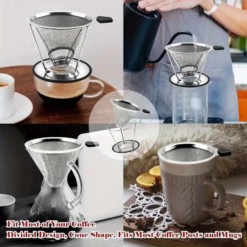 Reusable Coffee Filter Profional Manual Stainl Steel Coffee Dripper Cone Coffee Strainer Paperl Coffee Maker for 24 people with Removable Cup Stand Cleaning Brush Coffee Scoop