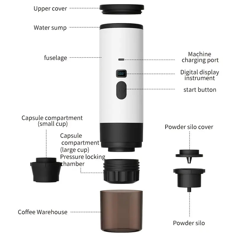 1pc Portable Capsule Coffee Machine, Compatible with Ground Coffee & Capsules, 3-In-1Espresso Maker with Digital Display Screen, 7800mAh Battery, 3.04oz Water Tank Capacity, 4.06oz Coffee Cup Capacity, Suitable for Travel/Home/Camping