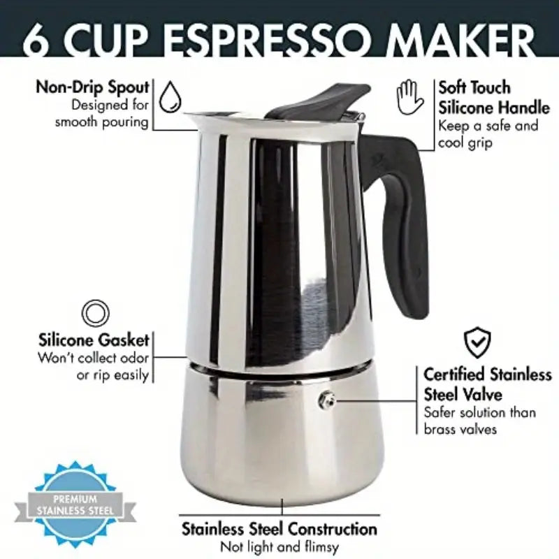 Premium Stainless Steel Stovetop Espresso & Coffee Maker 6-Cup - High-Quality Espro Percolator with Even Heat Distribution, Flip-Top Lid & Silicone Grip Handle, Works on All Stovetops (Gas/Electric/Propane) for Camping, Cuban Coffee,