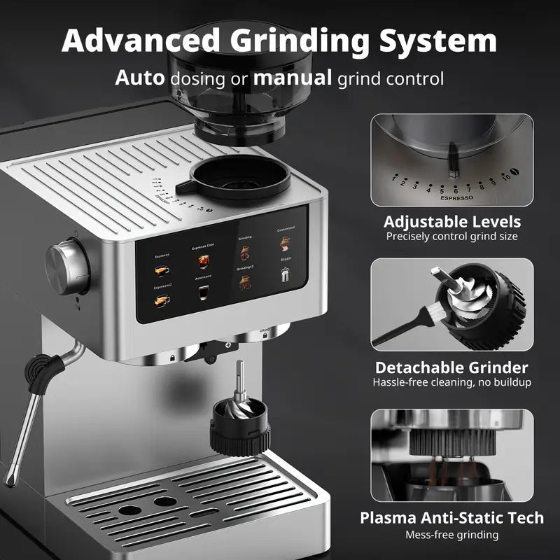 20Bar Espresso Machine with Conical Burr Grinder, Milk Frother Steam Wand, 60.87oz Water Tank, Stainless Steel - Makes Cappuccino, Latte, Iced Coffee And Americano, Home Barista, Professional Design, Modern Appliance, Highquality Materials