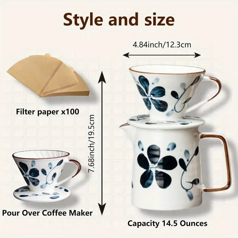 Pour Over Coffee Maker Set 60 Angle ceramic Pour Over Coffee Maker Dripper Filter Decanter for 14 People Ceramic Coffee Dripper Set with 100 Count Paper Coffee Filters Coffee Filter +Kettle