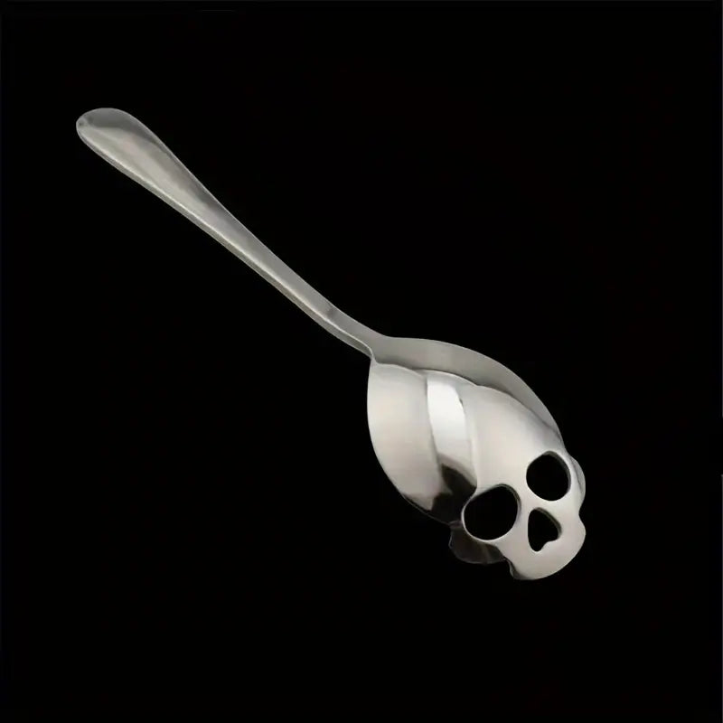 5pcs stainless steel Halloween spoon multi-functional kitchen utensil, with skull head design and holes, perfect for stirring, desserts, coffee and home