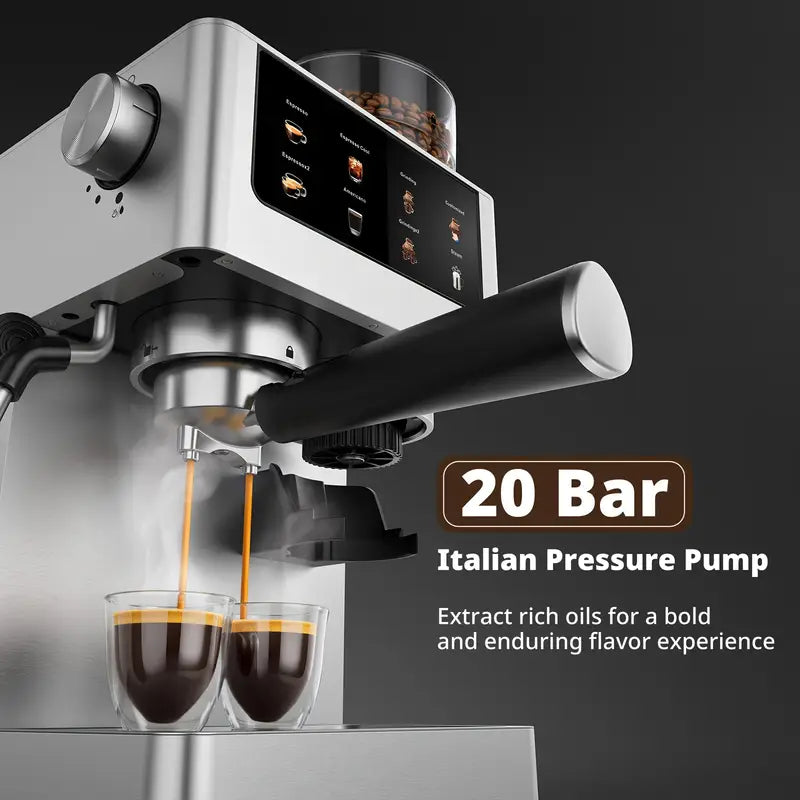 20Bar Espresso Machine with Conical Burr Grinder, Milk Frother Steam Wand, 60.87oz Water Tank, Stainless Steel - Makes Cappuccino, Latte, Iced Coffee And Americano, Home Barista, Professional Design, Modern Appliance, Highquality Materials