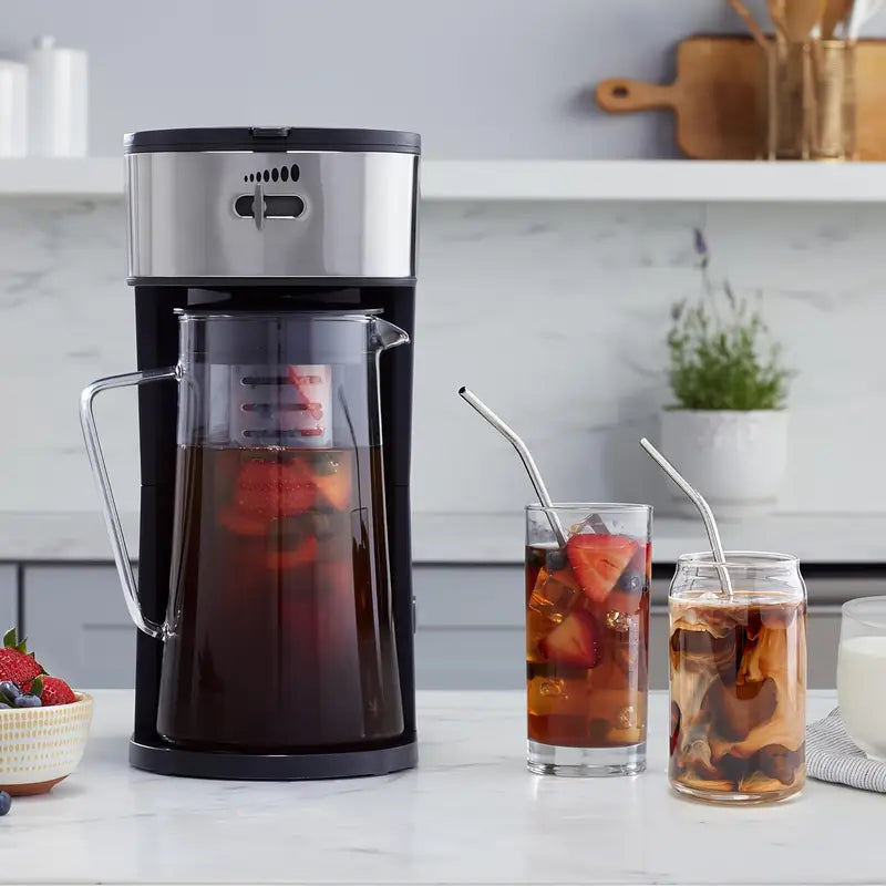 Iced Coffee Tea Maker with Reusable Filter Basket, 3 QT Pitcher, Iced Tea And Coffee Machine, Tea Makers for Iced Tea, Lattes, Lemonade And Flavored Water, Adjustable Brew Strength, Black And Silvery