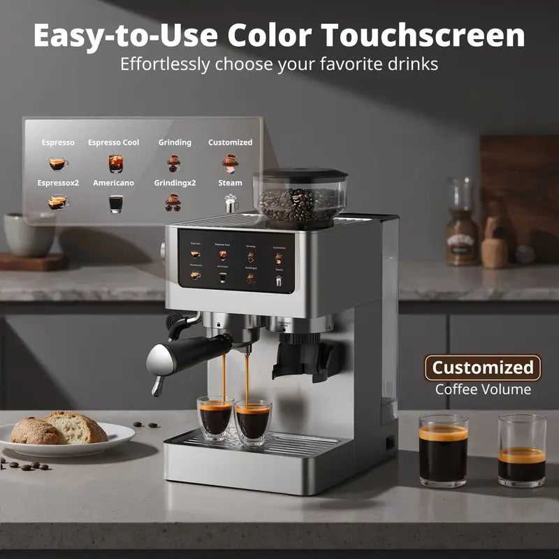 20Bar Espresso Machine with Conical Burr Grinder, Milk Frother Steam Wand, 60.87oz Water Tank, Stainless Steel - Makes Cappuccino, Latte, Iced Coffee And Americano, Home Barista, Professional Design, Modern Appliance, Highquality Materials