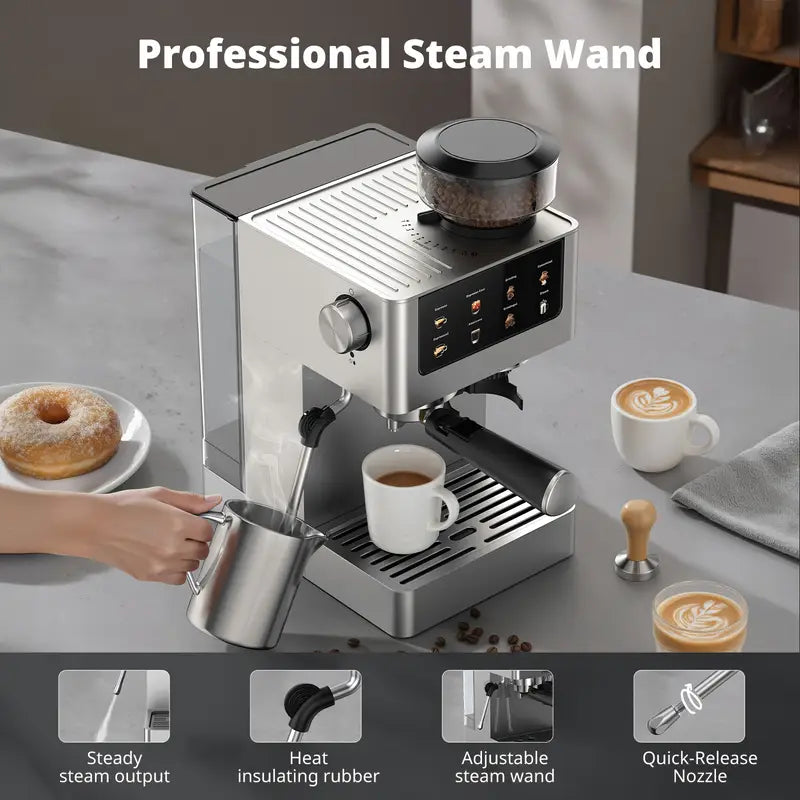 20Bar Espresso Machine with Conical Burr Grinder, Milk Frother Steam Wand, 60.87oz Water Tank, Stainless Steel - Makes Cappuccino, Latte, Iced Coffee And Americano, Home Barista, Professional Design, Modern Appliance, Highquality Materials