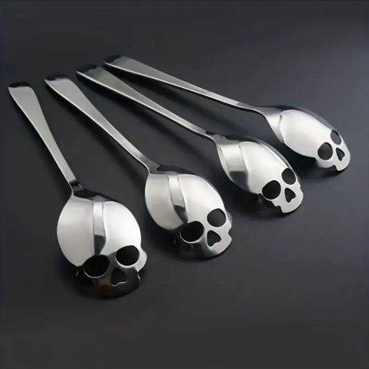 5pcs stainless steel Halloween spoon multi-functional kitchen utensil, with skull head design and holes, perfect for stirring, desserts, coffee and home