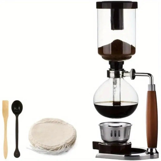 5 CupSiphon Coffee Maker with Wooden Handle syphon coffee brewercoffee siphonVacuum Brewer Pot Japanese Syphon hine Glass Drip Coffee Maker Set Comes with 10 Sheets Of Coffee Filter Cloths