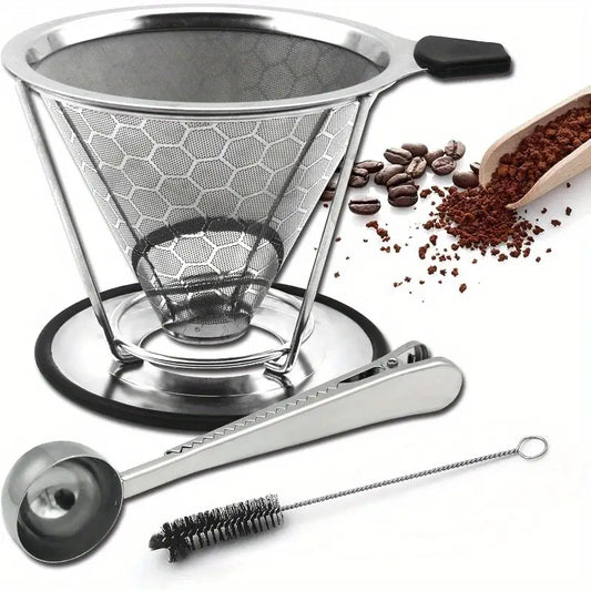 Reusable Coffee Filter Profional Manual Stainl Steel Coffee Dripper Cone Coffee Strainer Paperl Coffee Maker for 24 people with Removable Cup Stand Cleaning Brush Coffee Scoop