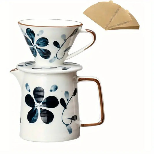 Pour Over Coffee Maker Set 60 Angle ceramic Pour Over Coffee Maker Dripper Filter Decanter for 14 People Ceramic Coffee Dripper Set with 100 Count Paper Coffee Filters Coffee Filter +Kettle