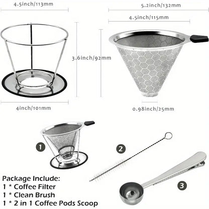 Reusable Coffee Filter Profional Manual Stainl Steel Coffee Dripper Cone Coffee Strainer Paperl Coffee Maker for 24 people with Removable Cup Stand Cleaning Brush Coffee Scoop