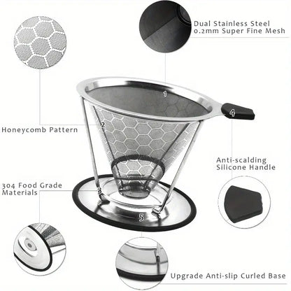 Reusable Coffee Filter Profional Manual Stainl Steel Coffee Dripper Cone Coffee Strainer Paperl Coffee Maker for 24 people with Removable Cup Stand Cleaning Brush Coffee Scoop