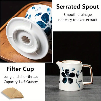 Pour Over Coffee Maker Set 60 Angle ceramic Pour Over Coffee Maker Dripper Filter Decanter for 14 People Ceramic Coffee Dripper Set with 100 Count Paper Coffee Filters Coffee Filter +Kettle