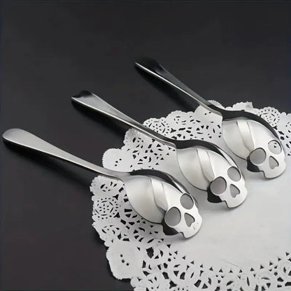 5pcs stainless steel Halloween spoon multi-functional kitchen utensil, with skull head design and holes, perfect for stirring, desserts, coffee and home