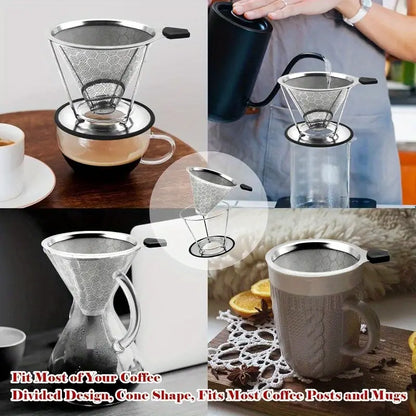 Reusable Coffee Filter Profional Manual Stainl Steel Coffee Dripper Cone Coffee Strainer Paperl Coffee Maker for 24 people with Removable Cup Stand Cleaning Brush Coffee Scoop