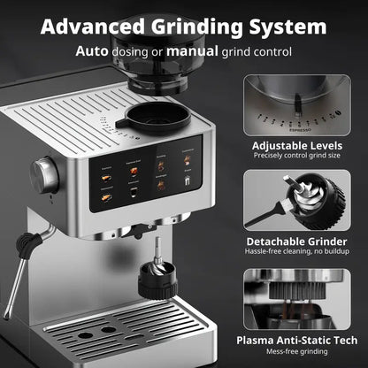 20Bar Espresso Machine with Conical Burr Grinder, Milk Frother Steam Wand, 60.87oz Water Tank, Stainless Steel - Makes Cappuccino, Latte, Iced Coffee And Americano, Home Barista, Professional Design, Modern Appliance, Highquality Materials