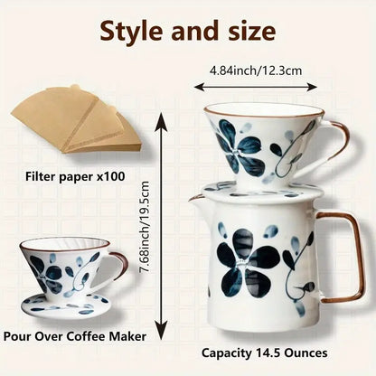 Pour Over Coffee Maker Set 60 Angle ceramic Pour Over Coffee Maker Dripper Filter Decanter for 14 People Ceramic Coffee Dripper Set with 100 Count Paper Coffee Filters Coffee Filter +Kettle