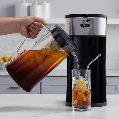 Iced Coffee Tea Maker with Reusable Filter Basket, 3 QT Pitcher, Iced Tea And Coffee Machine, Tea Makers for Iced Tea, Lattes, Lemonade And Flavored Water, Adjustable Brew Strength, Black And Silvery