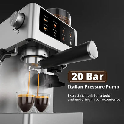 20Bar Espresso Machine with Conical Burr Grinder, Milk Frother Steam Wand, 60.87oz Water Tank, Stainless Steel - Makes Cappuccino, Latte, Iced Coffee And Americano, Home Barista, Professional Design, Modern Appliance, Highquality Materials